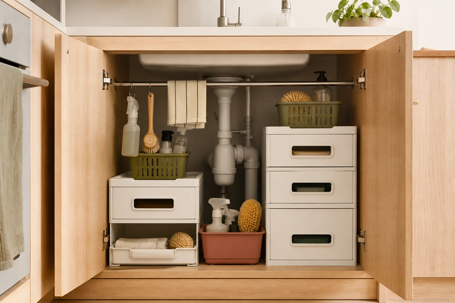 Sistema modular organizado alrededor de las tuberías bajo un fregadero