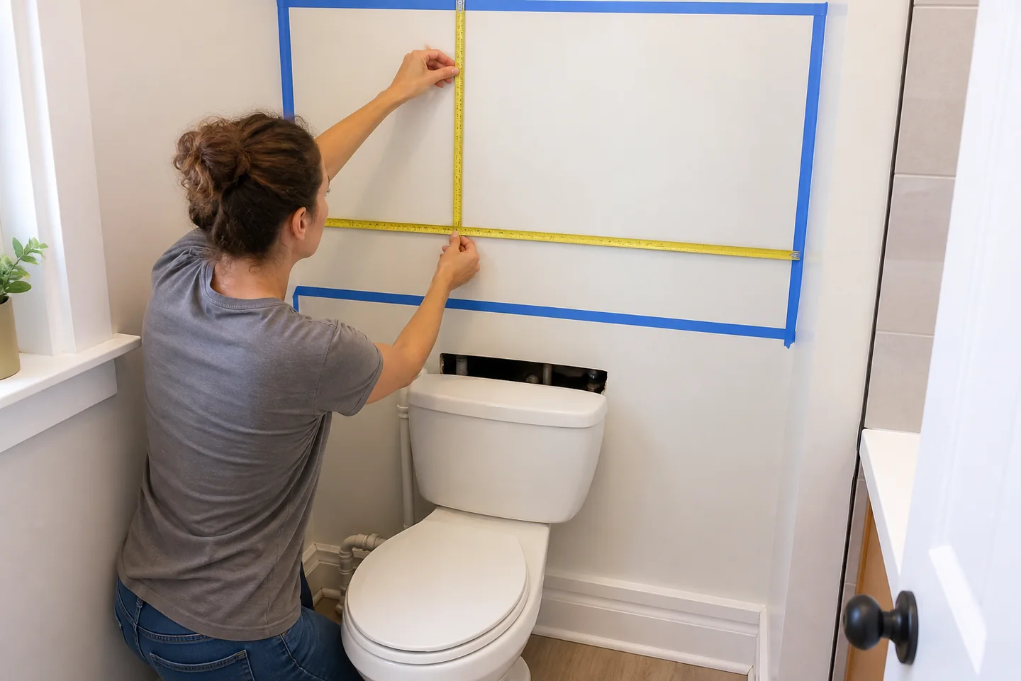 Medición segura de un baño pequeño antes de instalar una estantería sobre el inodoro