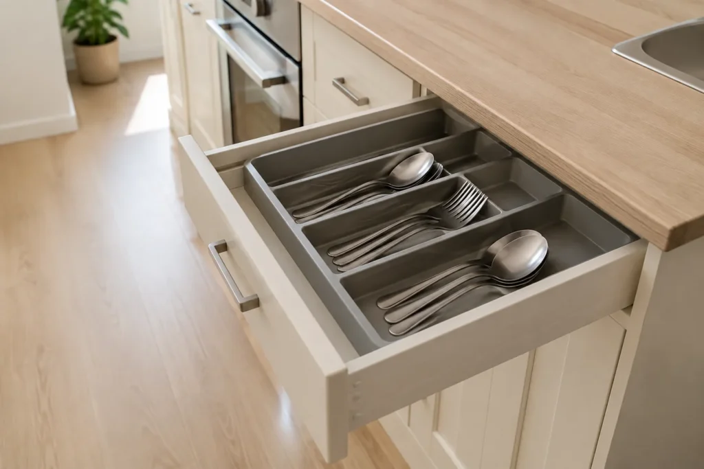 Cajón estrecho de cocina con cubiertos ordenados