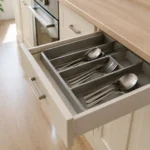 Cajón estrecho de cocina con cubiertos ordenados