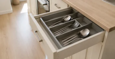 Cajón estrecho de cocina con cubiertos ordenados