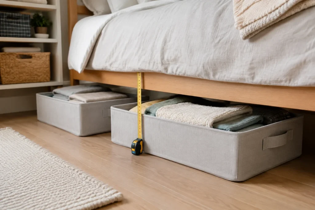 Cajas textiles medidas y colocadas bajo una cama