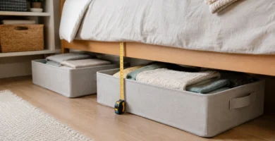 Cajas textiles medidas y colocadas bajo una cama