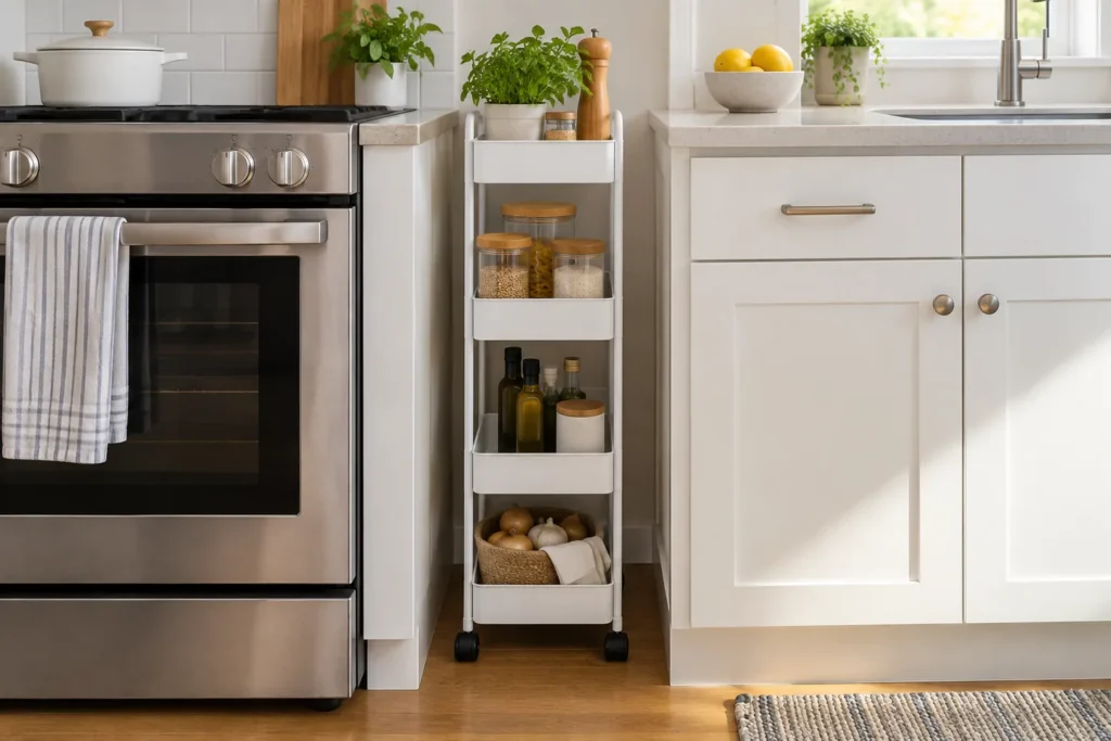 Carrito estrecho colocado entre dos muebles de cocina