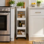 Carrito estrecho colocado entre dos muebles de cocina