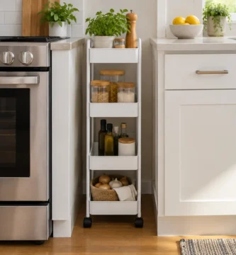 Carrito estrecho colocado entre dos muebles de cocina