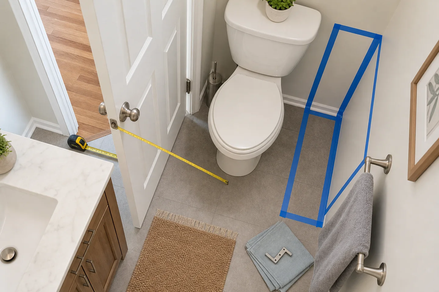 Comprobación con cinta de las huellas y recorridos de paso en un baño pequeño