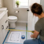 Medición de un baño pequeño antes de elegir muebles de almacenaje